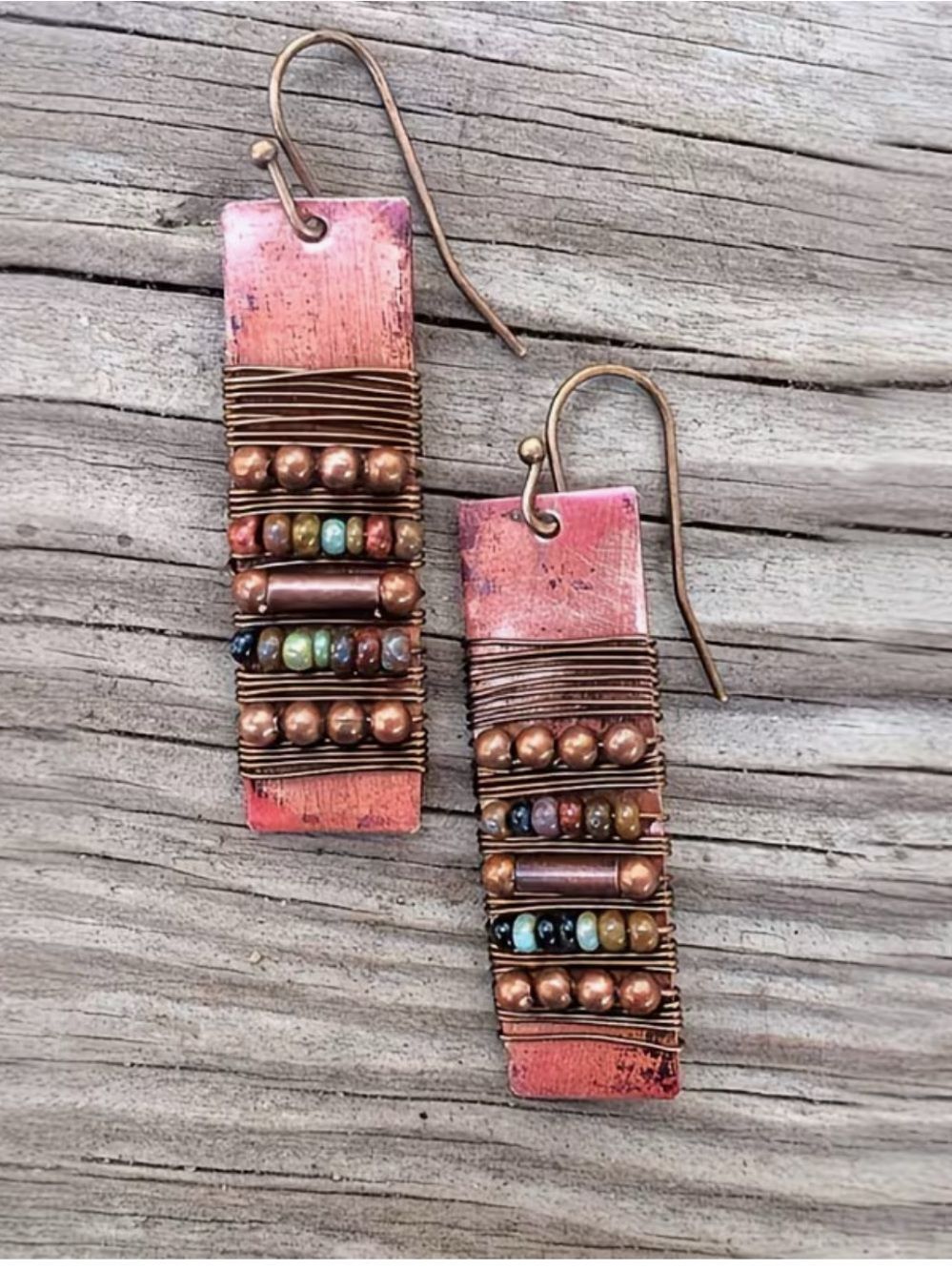 Artisan Made Copper-Tone Drop Earrings with Turquoise & Red Beads